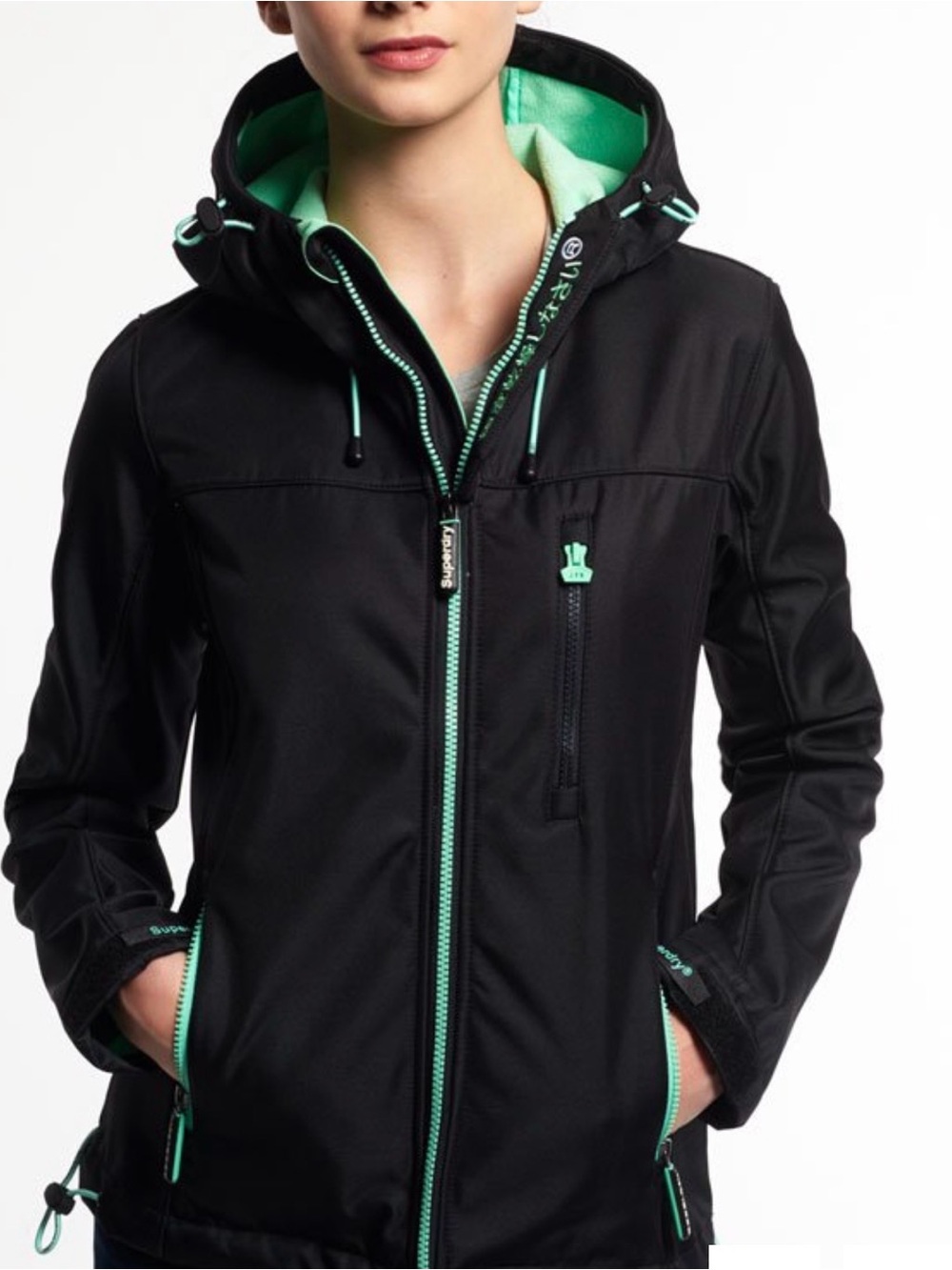 Superdry Windtrekker Hooded Softshell Jacket Black Mint Fleece Women’s L